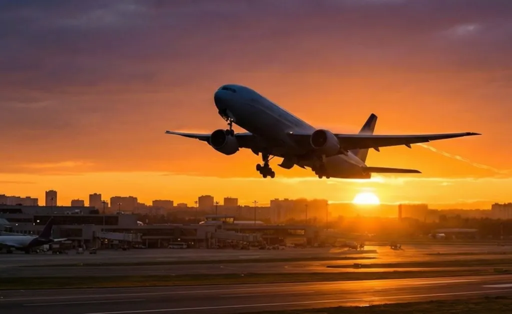 Fotografia de uma aeronave comercial de grande porte decolando de um aeroporto durante um pôr do sol vibrante. O avião está em ângulo ascendente, com o trem de pouso ainda visível. O sol está posicionado logo acima do horizonte, iluminando a pista e o terminal ao fundo com tons de laranja e dourado.