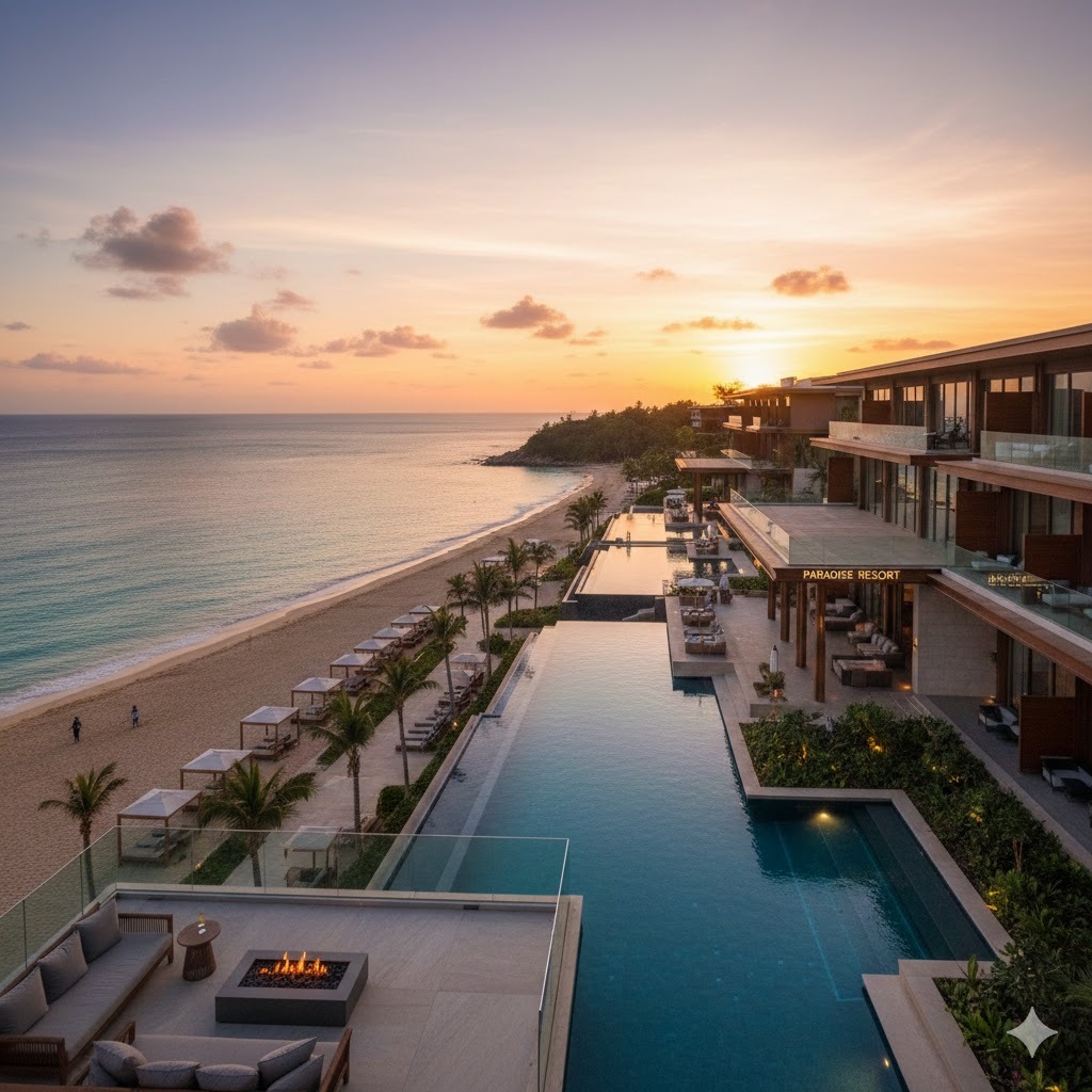 Vista aérea de um resort de luxo à beira-mar, o Paradise Resort, durante o pôr do sol. A arquitetura moderna do hotel apresenta vários níveis com terraços, onde se destacam piscinas de borda infinita que parecem se fundir com o oceano.