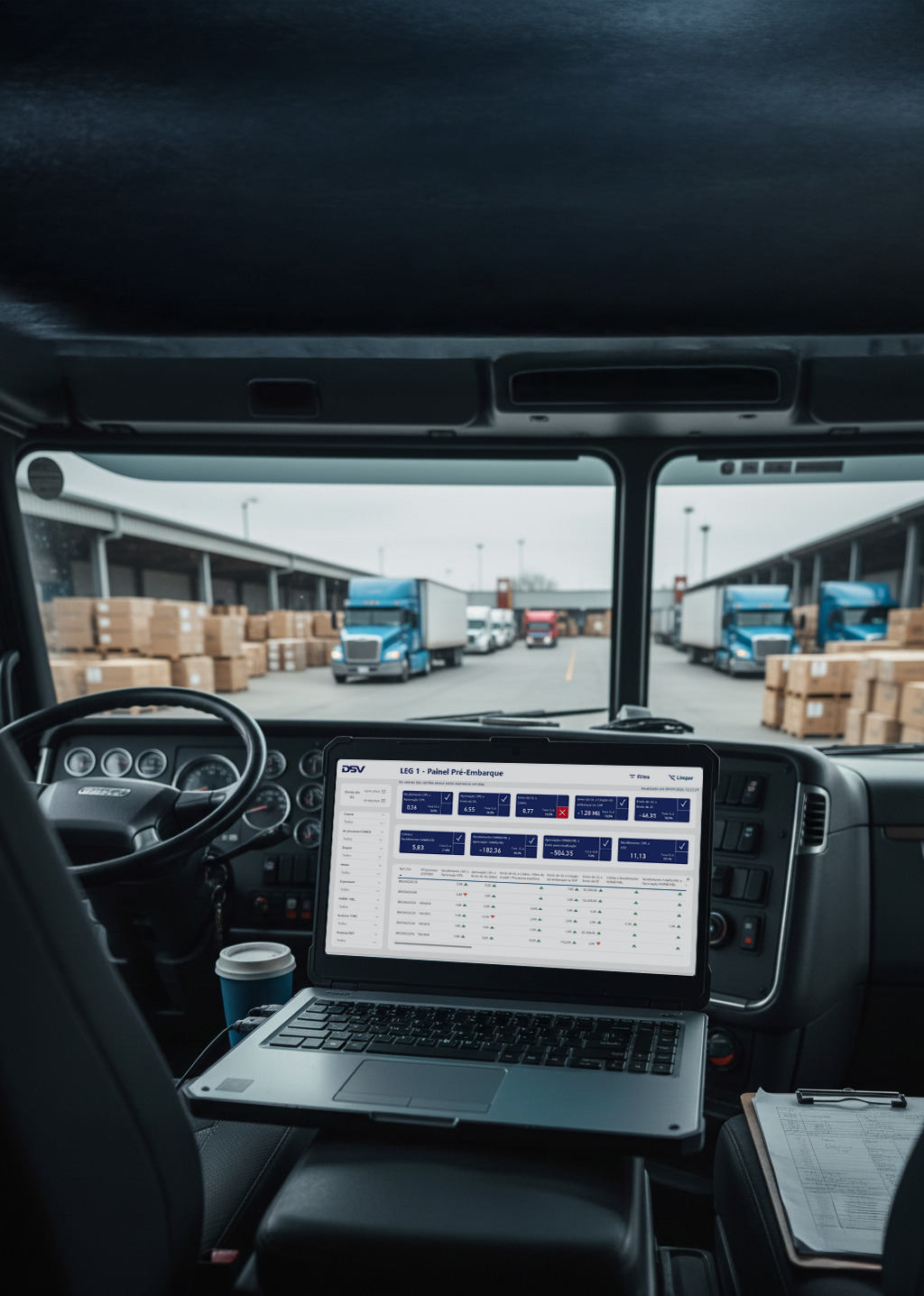 Visão de dentro da cabine de um caminhão, focada em um laptop aberto posicionado sobre o console central. A tela do computador exibe o 