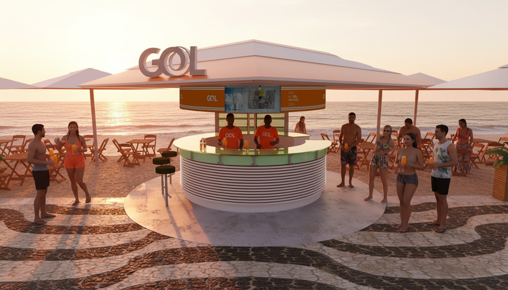 Quiosque circular da companhia aérea GOL montado em uma praia ao entardecer. No topo da estrutura branca, destaca-se o logotipo da empresa em relevo. Dois atendentes com camisetas laranjas trabalham no interior do balcão, enquanto diversas pessoas em trajes de banho socializam ao redor com bebidas na mão. O quiosque está posicionado sobre um calçadão com o icônico padrão de ondas em pedras portuguesas, tendo ao fundo a areia, o mar e vários guarda-sóis sob a luz dourada do pôr do sol.