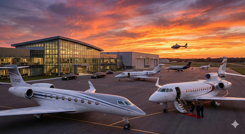 Uma fotografia panorâmica mostra vários jatos executivos de luxo estacionados na pista de um aeroporto ao pôr do sol. Em primeiro plano, um grande Gulfstream G700 branco e prata está à esquerda, e à direita, pessoas embarcam em um Dassault Falcon 8X com a porta aberta. Outros jatos executivos, um helicóptero voando e carros de luxo estão dispersos pela pista em frente a um hangar moderno de vidro. O céu está repleto de nuvens coloridas em laranja, rosa e roxo.
