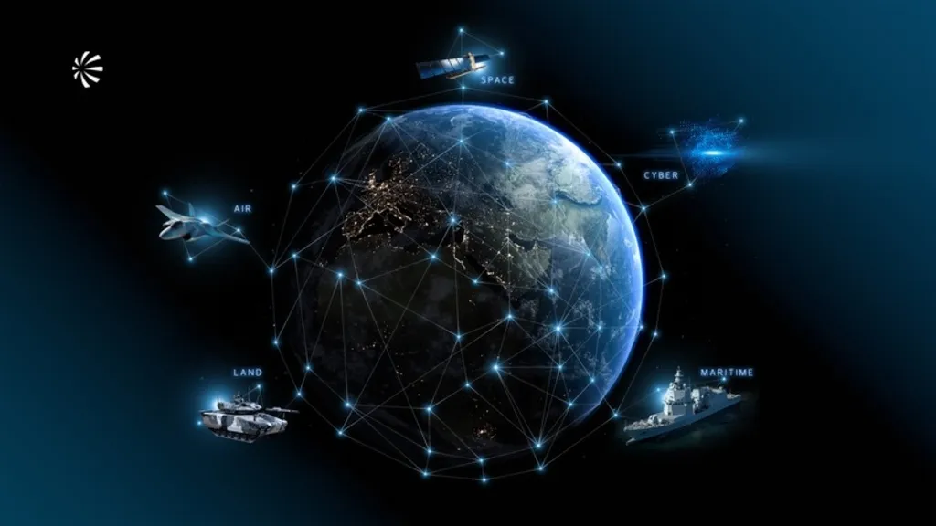 Ilustração digital em tons de azul e preto representando um sistema de defesa global integrado. No centro, o planeta Terra é visto do espaço à noite, envolto por uma rede de linhas conectadas por pontos brilhantes, simbolizando uma teia de dados ou comunicações.