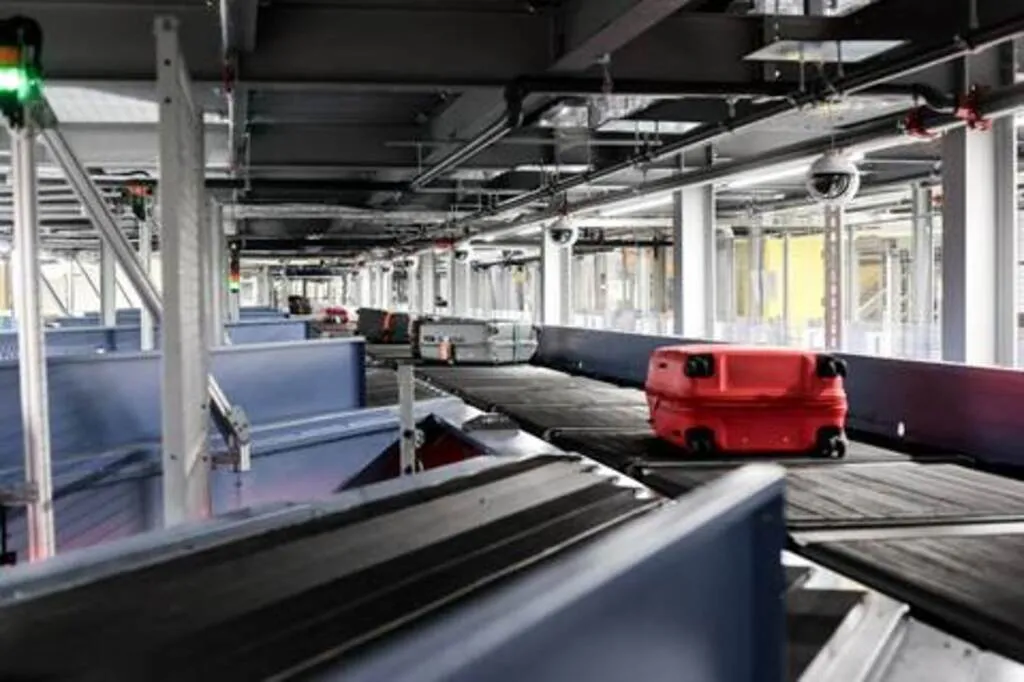 Vista interna de um sistema automatizado de manuseio de bagagens em um aeroporto. Uma mala vermelha rígida de rodinhas está em destaque sobre uma esteira transportadora preta. O ambiente é composto por uma complexa estrutura de vigas metálicas cinzas, trilhos e tubulações no teto, onde também estão instaladas diversas câmeras de segurança do tipo dome. Ao fundo, outras esteiras e malas são visíveis, criando uma perspectiva de profundidade em um ambiente industrial bem iluminado.